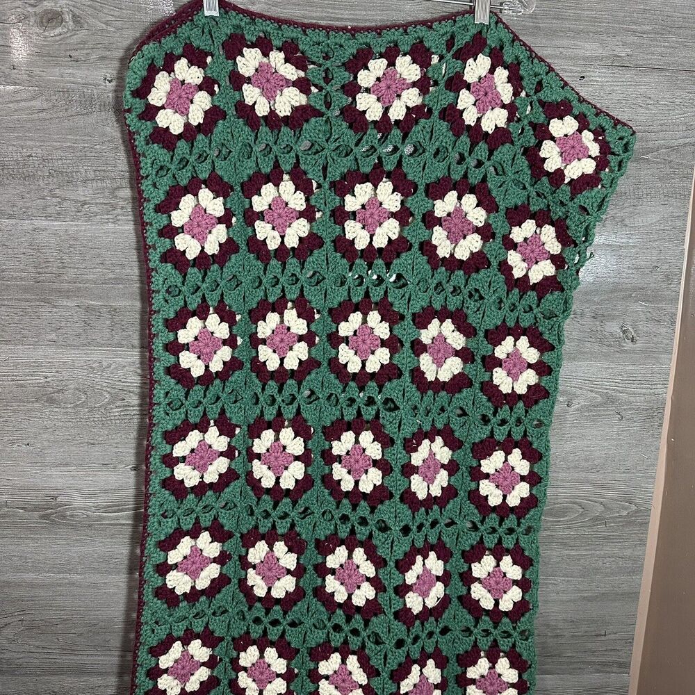 Handcrafted Floral Crochet Throw Blanket - Green, Purple, Cream